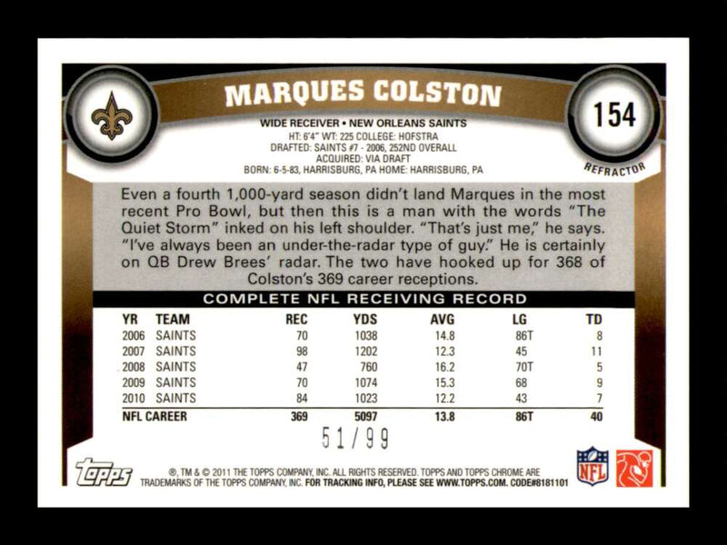 Load image into Gallery viewer, 2011 Topps Chrome Sepia Refractor Marques Colston #154 New Orleans Saints /99 Image 2
