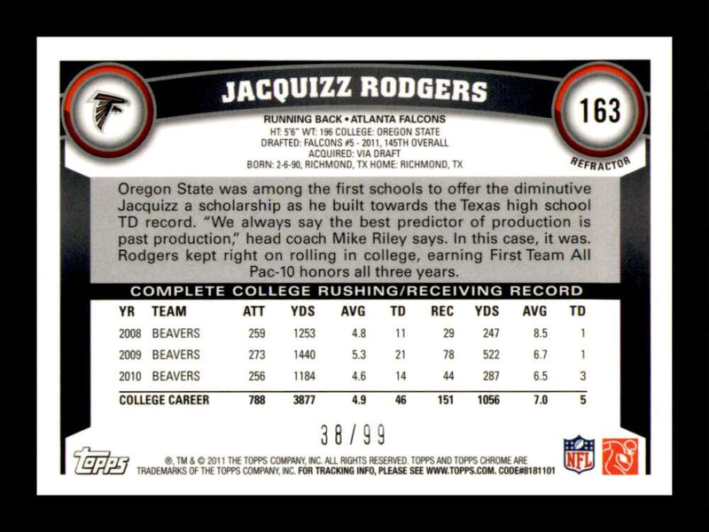 Load image into Gallery viewer, 2011 Topps Chrome Sepia Refractor Jacquizz Rodgers #163 Atlanta Falcons Rookie RC /99 Image 2
