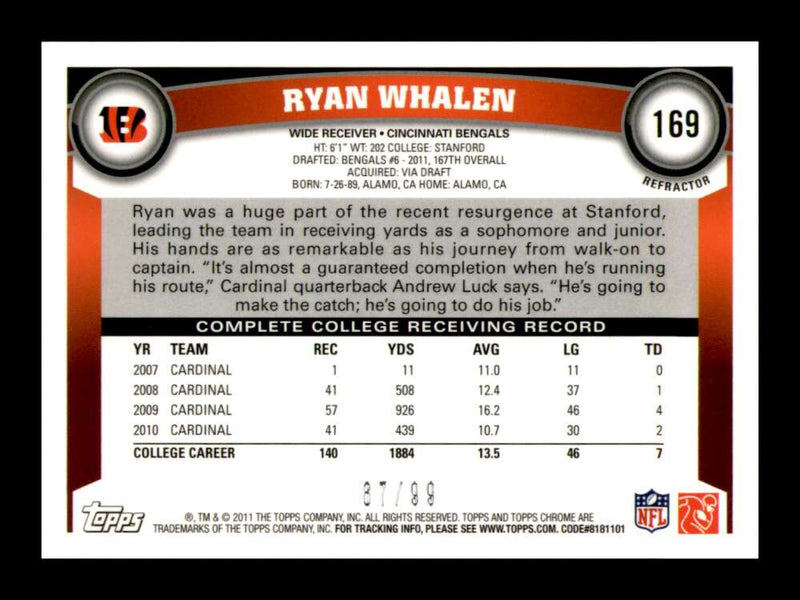 Load image into Gallery viewer, 2011 Topps Chrome Sepia Refractor Ryan Whalen #169 Cincinnati Bengals Rookie RC /99 Image 2
