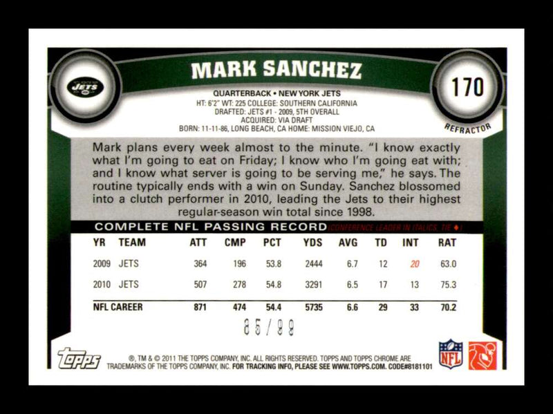 Load image into Gallery viewer, 2011 Topps Chrome Sepia Refractor Mark Sanchez #170 New York Jets /99 Image 2
