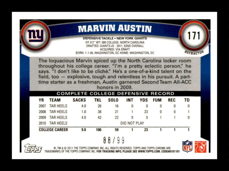 Load image into Gallery viewer, 2011 Topps Chrome Sepia Refractor Marvin Austin #171 New York Giants Rookie RC /99 Image 2
