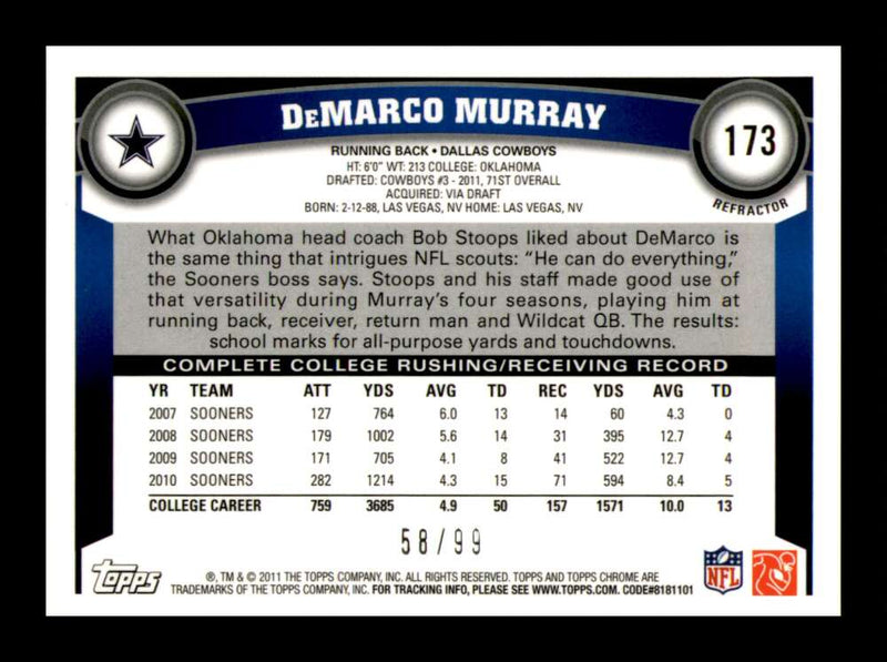 Load image into Gallery viewer, 2011 Topps Chrome Sepia Refractor DeMarco Murray #173 Dallas Cowboys Rookie RC /99 Image 2
