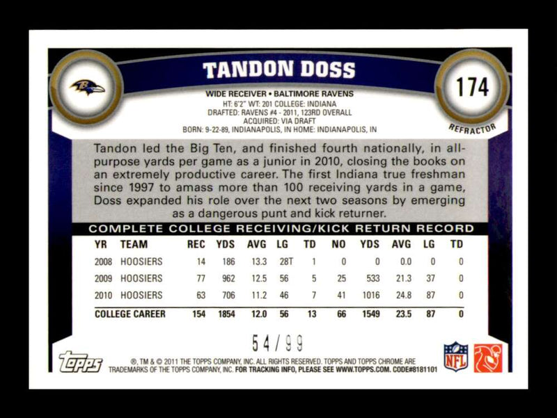 Load image into Gallery viewer, 2011 Topps Chrome Sepia Refractor Tandon Doss #174 Baltimore Ravens Rookie RC /99 Image 2
