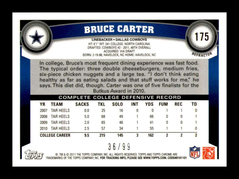 Load image into Gallery viewer, 2011 Topps Chrome Sepia Refractor Bruce Carter #175 Dallas Cowboys Rookie RC /99 Image 2
