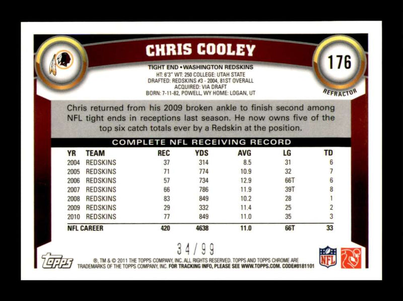 Load image into Gallery viewer, 2011 Topps Chrome Sepia Refractor Chris Cooley #176 Washington Redskins /99 Image 2
