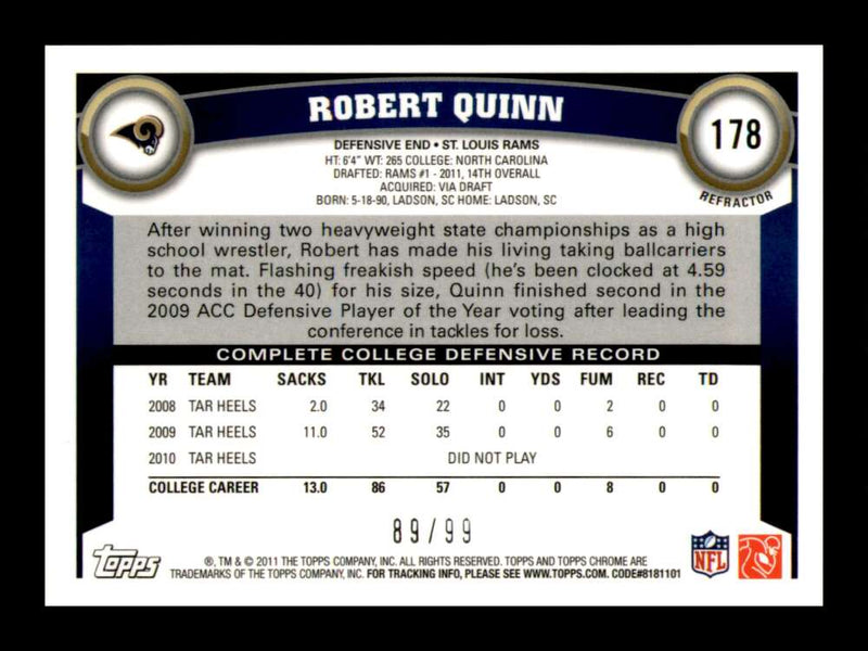 Load image into Gallery viewer, 2011 Topps Chrome Sepia Refractor Robert Quinn #178 St Louis Rams Rookie RC /99 Image 2
