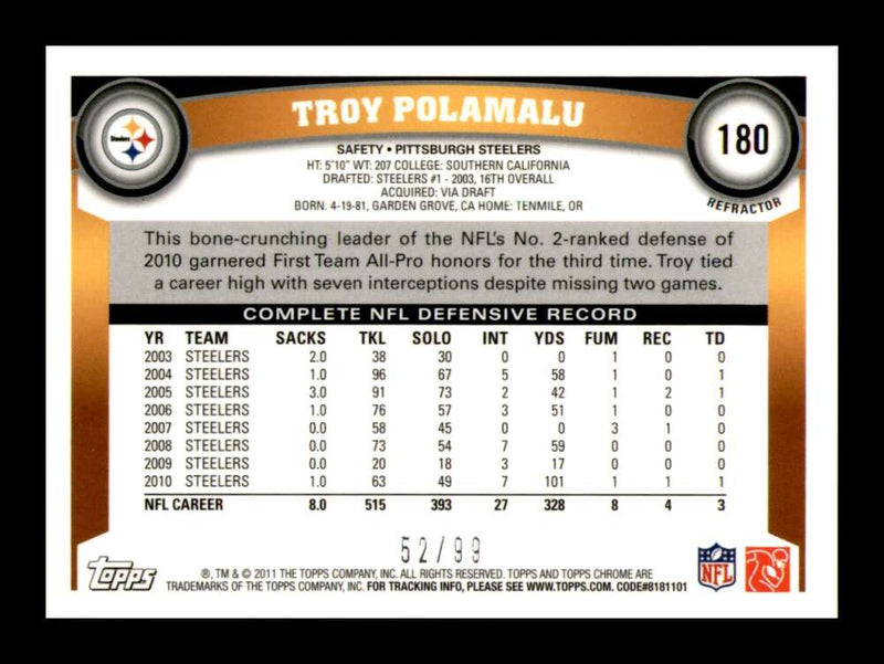 Load image into Gallery viewer, 2011 Topps Chrome Sepia Refractor Troy Polamalu #180 Pittsburgh Steelers /99 Image 2
