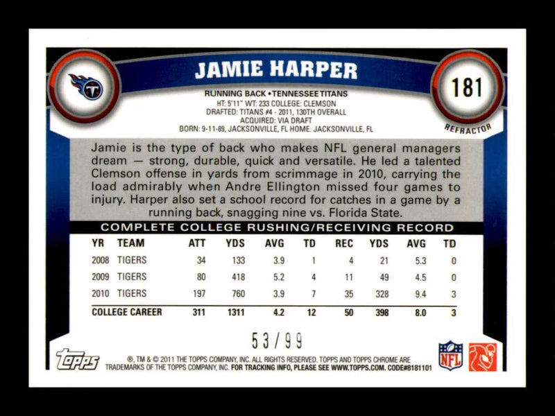 Load image into Gallery viewer, 2011 Topps Chrome Sepia Refractor Jamie Harper #181 Tennessee Titans Rookie RC /99 Image 2
