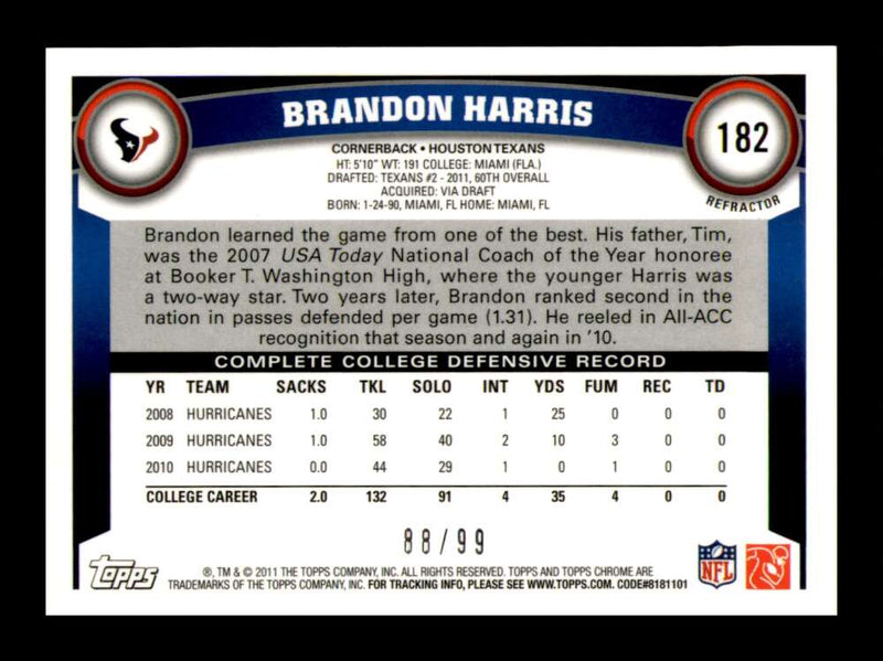 Load image into Gallery viewer, 2011 Topps Chrome Sepia Refractor Brandon Harris #182 Houston Texans Rookie RC /99 Image 2
