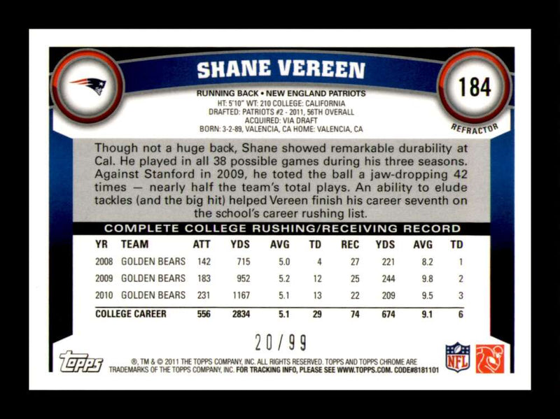 Load image into Gallery viewer, 2011 Topps Chrome Sepia Refractor Shane Vereen #184 New England Patriots Rookie RC /99 Image 2
