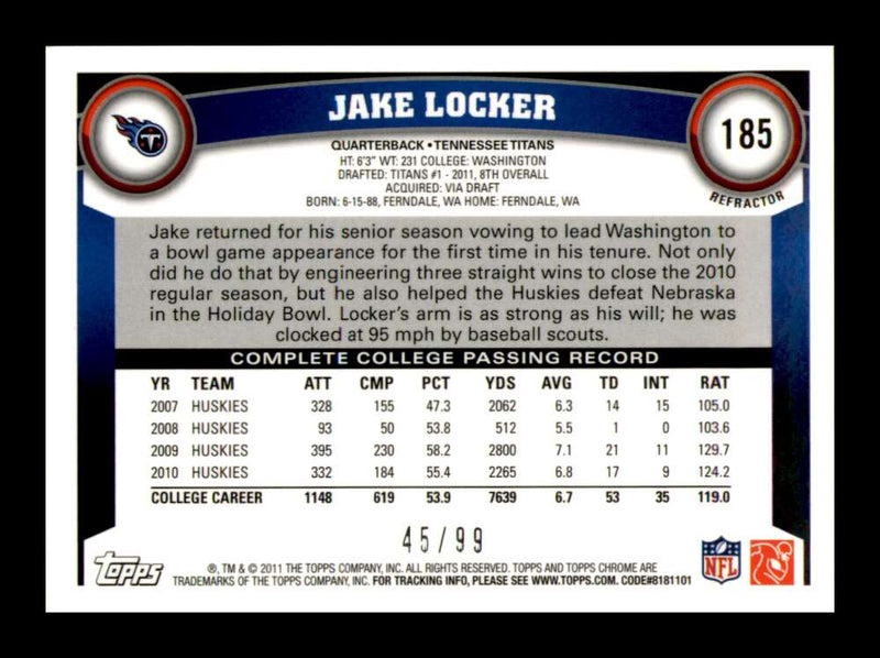 Load image into Gallery viewer, 2011 Topps Chrome Sepia Refractor Jake Locker #185 Tennessee Titans Rookie RC /99 Image 2
