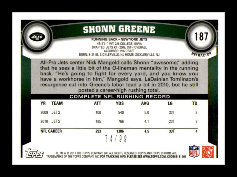 Load image into Gallery viewer, 2011 Topps Chrome Sepia Refractor Shonn Greene #187 New York Jets /99 Image 2
