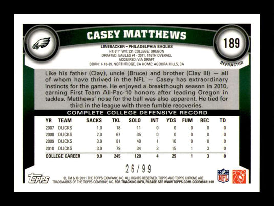 2011 Topps Chrome Sepia Refractor Casey Matthews 