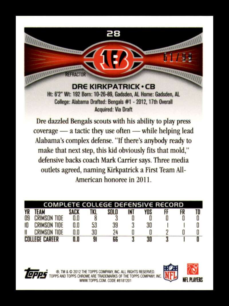 Load image into Gallery viewer, 2012 Topps Chrome Sepia Refractor Dre Kirkpatrick #28 Cincinnati Bengals Rookie RC /99  Image 2
