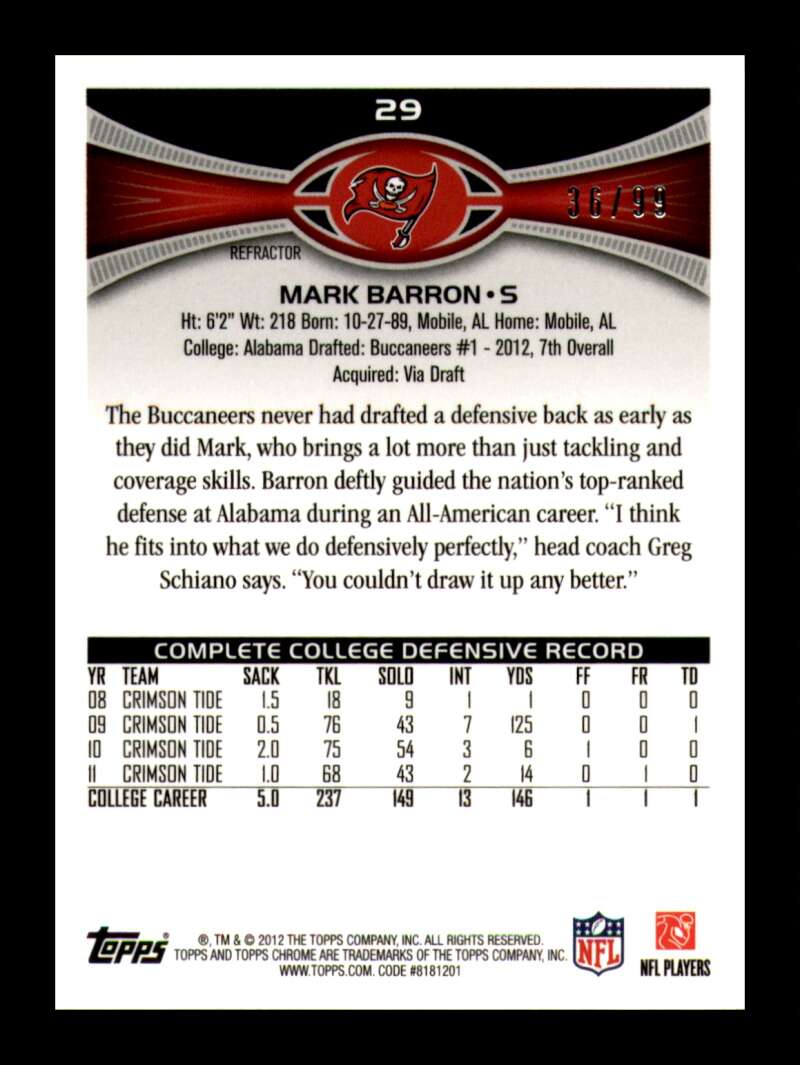 Load image into Gallery viewer, 2012 Topps Chrome Sepia Refractor Mark Barron #29 Tampa Bay Buccaneers Rookie RC /99  Image 2
