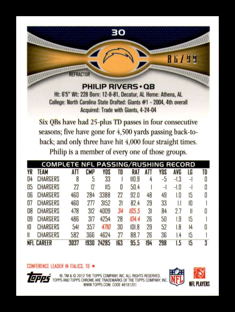 Load image into Gallery viewer, 2012 Topps Chrome Sepia Refractor Philip Rivers #30 San Diego Chargers /99  Image 2
