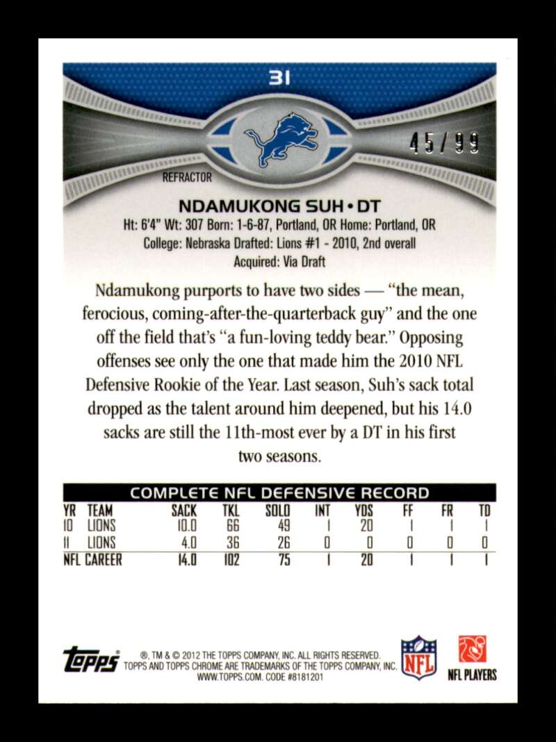 Load image into Gallery viewer, 2012 Topps Chrome Sepia Refractor Ndamukong Suh #31 Detroit Lions /99  Image 2
