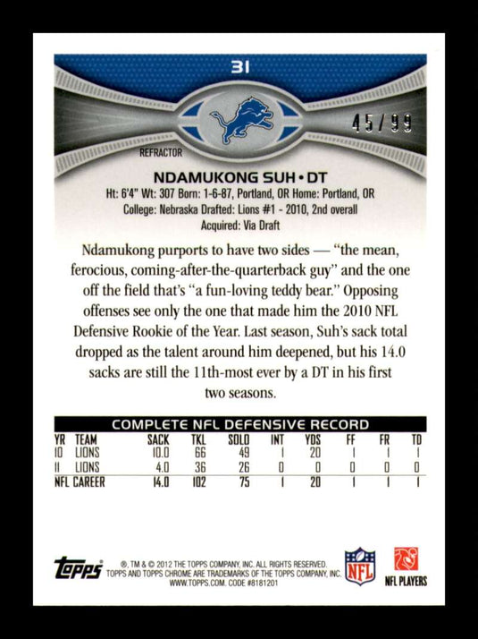 2012 Topps Chrome Sepia Refractor Ndamukong Suh