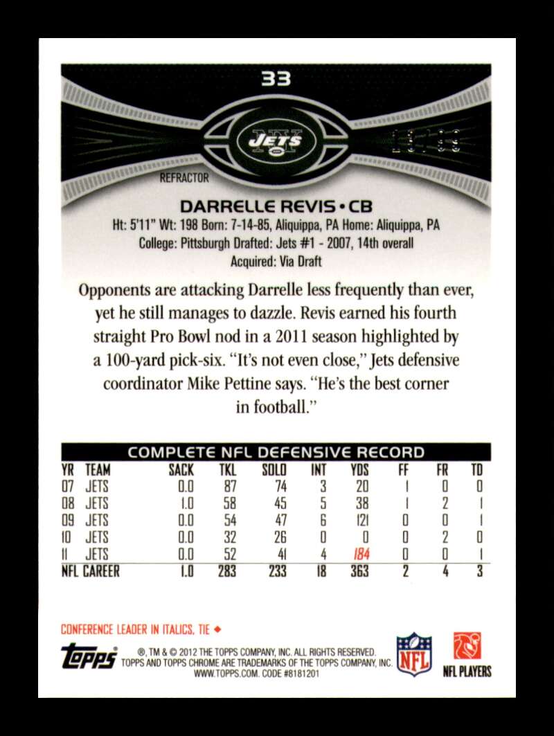 Load image into Gallery viewer, 2012 Topps Chrome Sepia Refractor Darrelle Revis #33 New York Jets /99  Image 2
