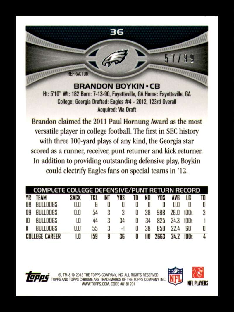 Load image into Gallery viewer, 2012 Topps Chrome Sepia Refractor Brandon Boykin #36 Philadelphia Eagles Rookei RC /99  Image 2
