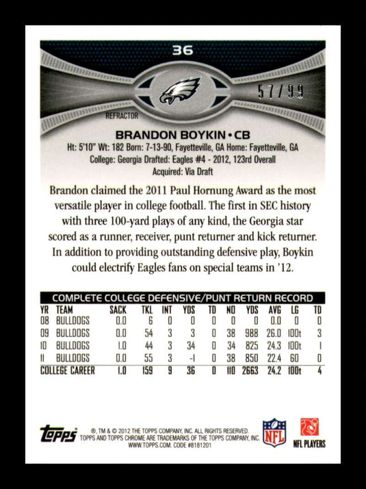 2012 Topps Chrome Sepia Refractor Brandon Boykin 