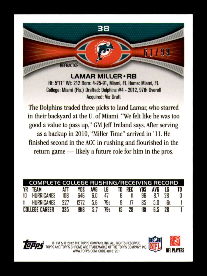 Load image into Gallery viewer, 2012 Topps Chrome Sepia Refractor Lamar Miller #38 Miami Dolphins Rookie RC /99  Image 2
