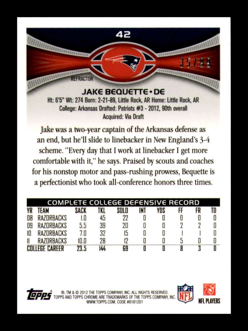 Load image into Gallery viewer, 2012 Topps Chrome Sepia Refractor Jake Bequette #42 New England Patriots Rookie RC /99  Image 2
