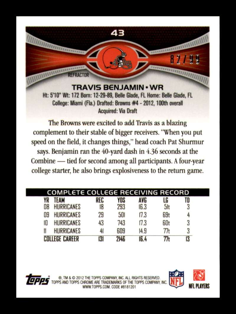 Load image into Gallery viewer, 2012 Topps Chrome Sepia Refractor Travis Benjamin #43 Cleveland Browns Rookie RC /99  Image 2
