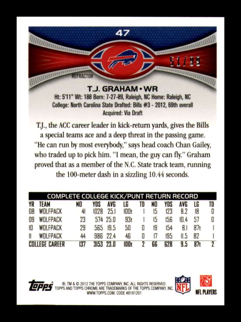 Load image into Gallery viewer, 2012 Topps Chrome Sepia Refractor T.J. Graham #47 Buffalo Bills Rookie RC /99  Image 2
