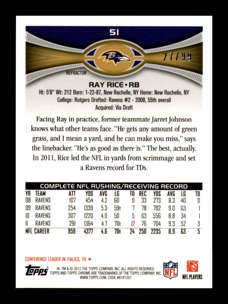 Load image into Gallery viewer, 2012 Topps Chrome Sepia Refractor Ray Rice #51 Baltimore Ravens /99  Image 2
