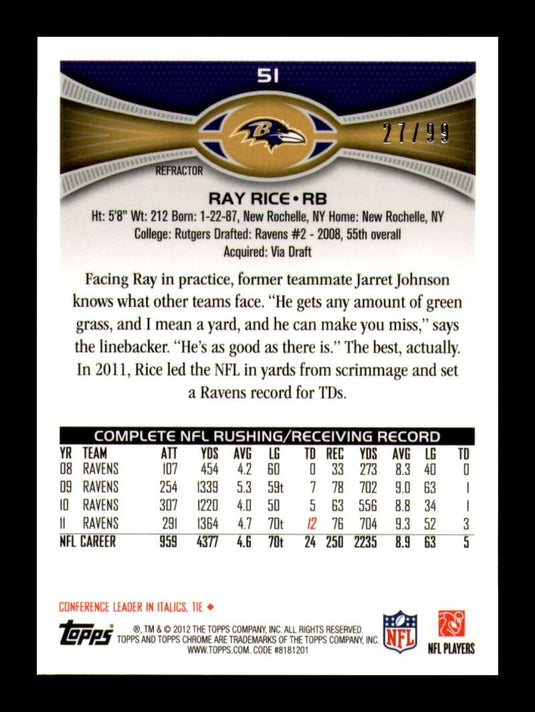 2012 Topps Chrome Sepia Refractor Ray Rice 