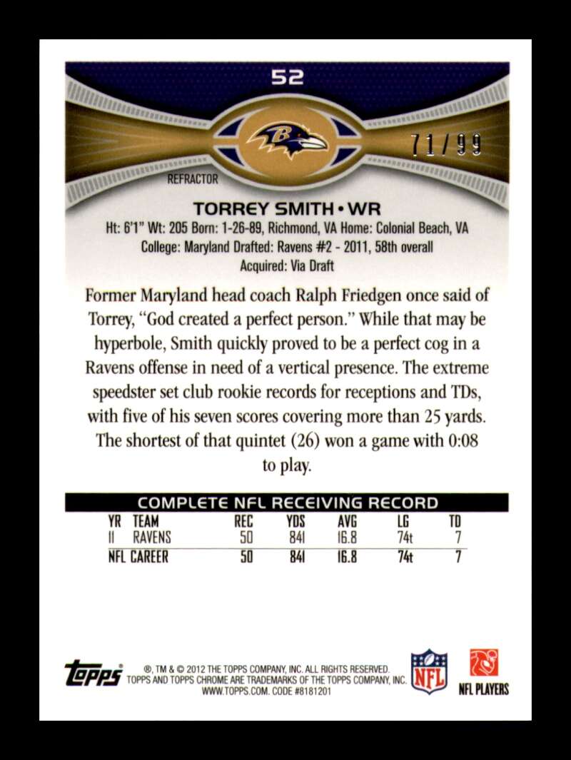 Load image into Gallery viewer, 2012 Topps Chrome Sepia Refractor Torrey Smith #52 Baltimore Ravens /99  Image 2
