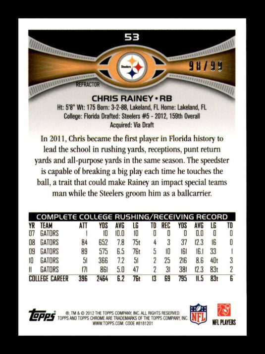 2012 Topps Chrome Sepia Refractor Chris Rainey 