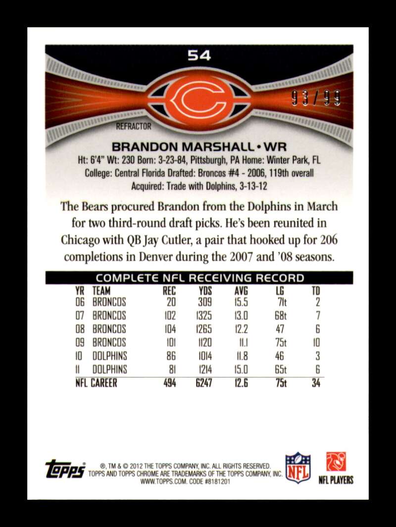 Load image into Gallery viewer, 2012 Topps Chrome Sepia Refractor Brandon Marshall #54 Chicago Bears /99  Image 2
