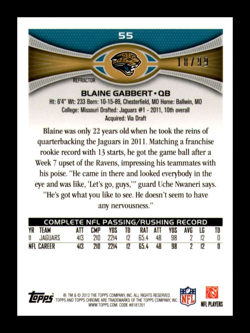 Load image into Gallery viewer, 2012 Topps Chrome Sepia Refractor Blaine Gabbert #55 Jacksonville Jaguars /99  Image 2
