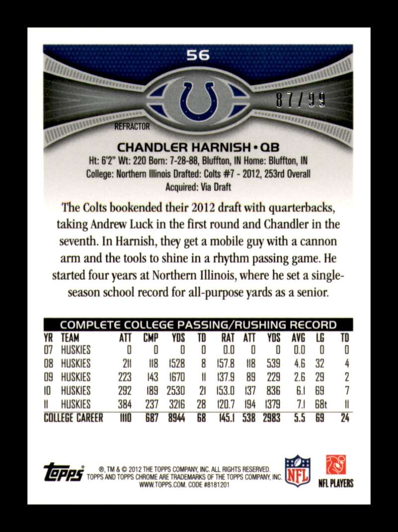 Load image into Gallery viewer, 2012 Topps Chrome Sepia Refractor Chandler Harnish #56 Indianapolis Colts Rookie RC /99  Image 2
