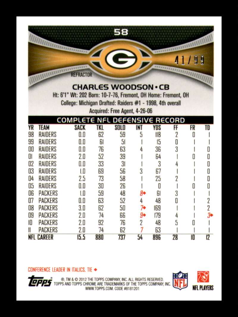 Load image into Gallery viewer, 2012 Topps Chrome Sepia Refractor Charles Woodson #58 Green Bay Packers /99  Image 2
