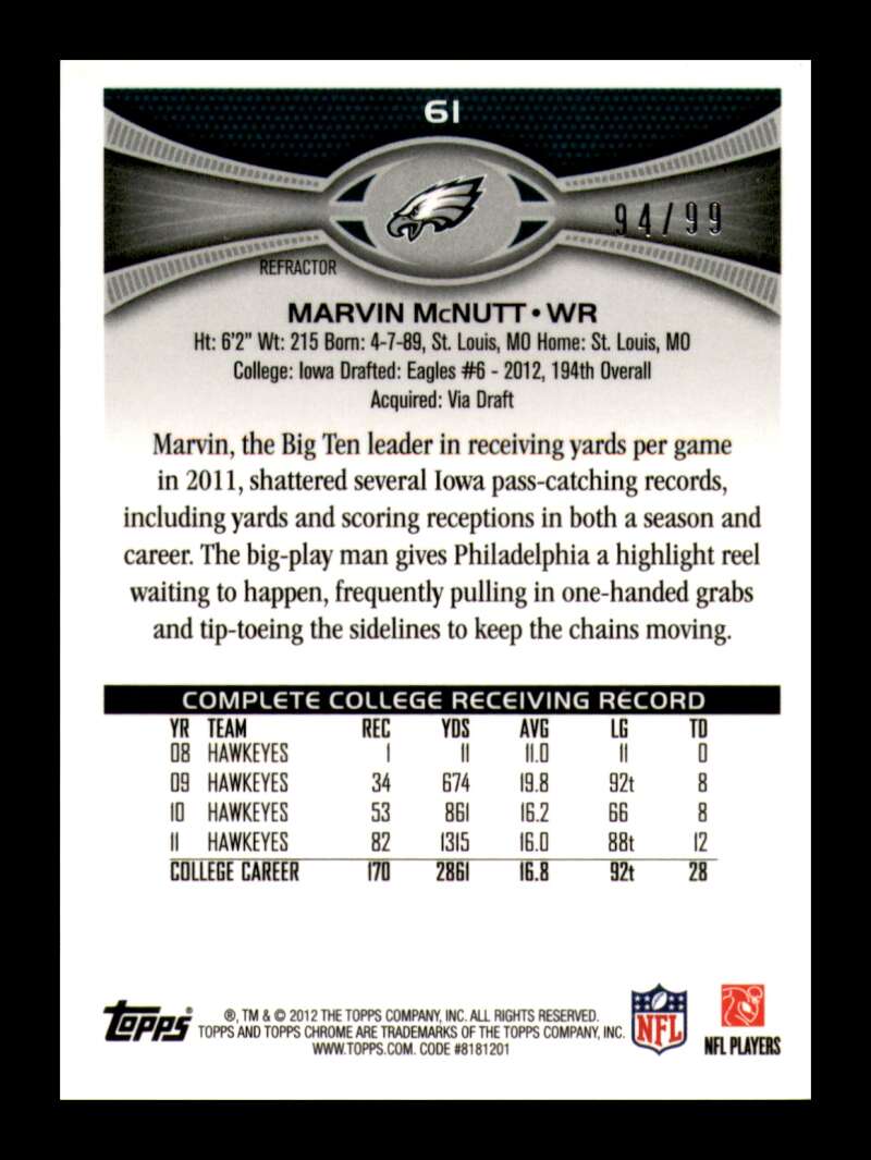 Load image into Gallery viewer, 2012 Topps Chrome Sepia Refractor Marvin McNutt #61 Philadelphia Eagles Rookie RC /99  Image 2
