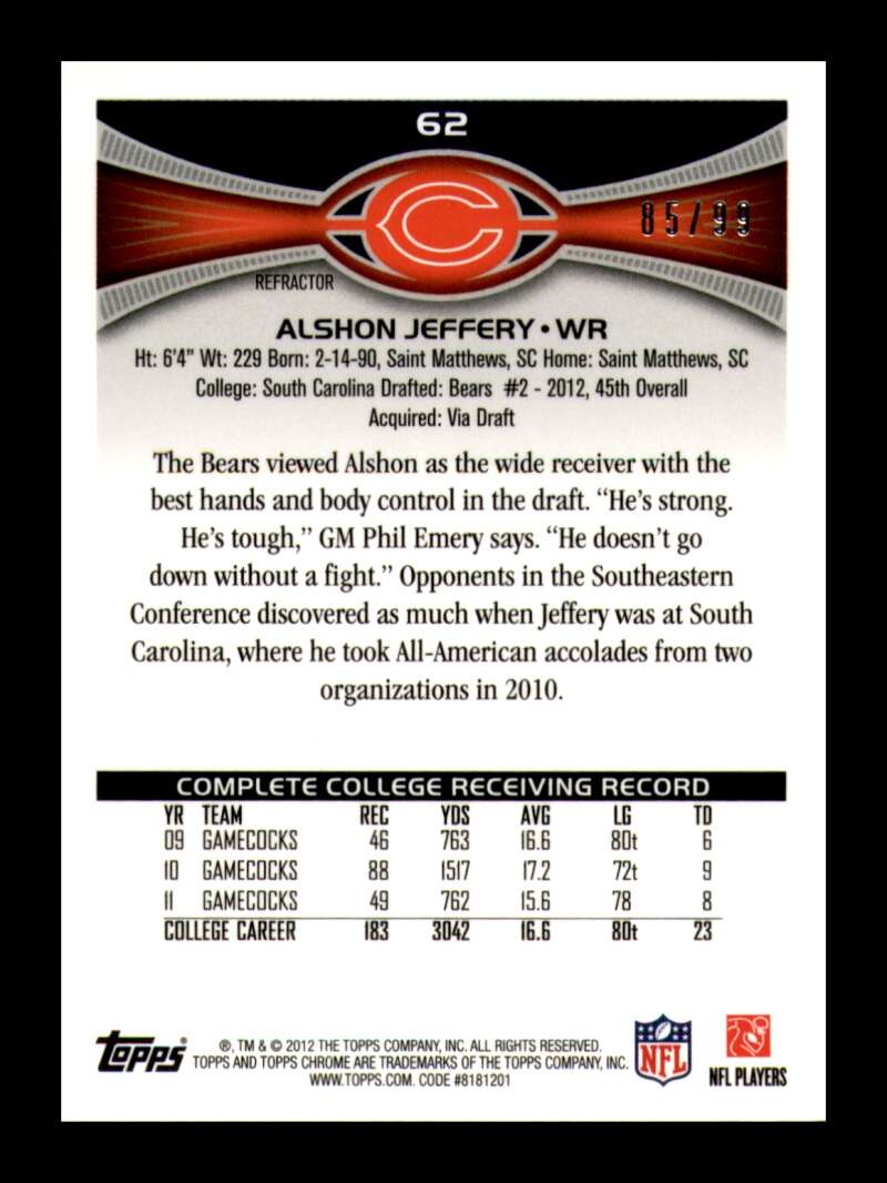 Load image into Gallery viewer, 2012 Topps Chrome Sepia Refractor Alshon Jeffery #62 Chicago Bears Rookie RC /99  Image 2
