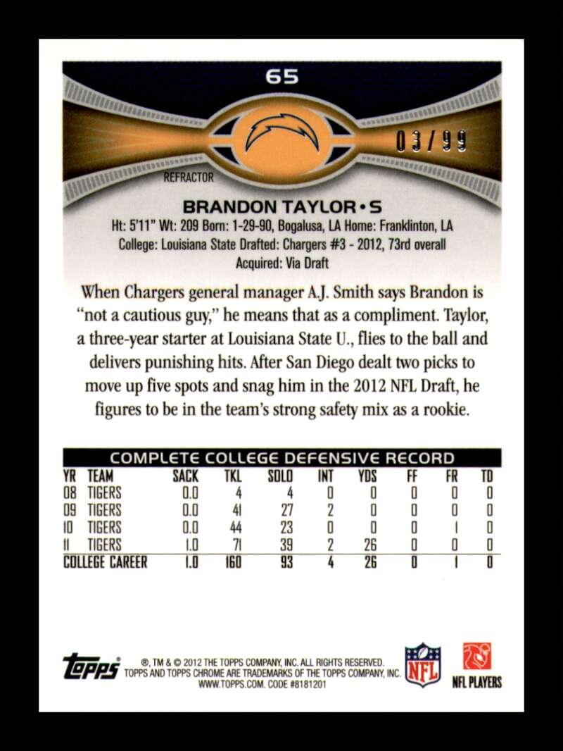 Load image into Gallery viewer, 2012 Topps Chrome Sepia Refractor Brandon Taylor #65 San Diego Chargers Rookie RC /99  Image 2
