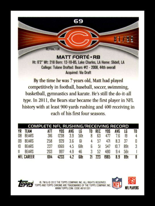 2012 Topps Chrome Sepia Refractor Matt Forte