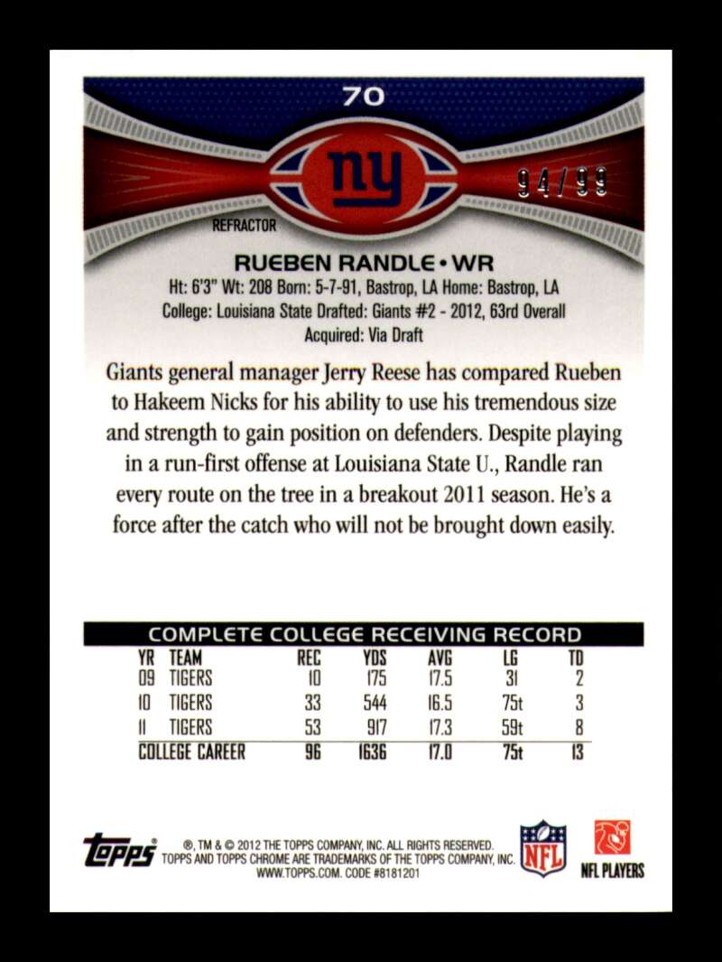 Load image into Gallery viewer, 2012 Topps Chrome Sepia Refractor Rueben Randle #70 New York Giants Rookie RC /99  Image 2
