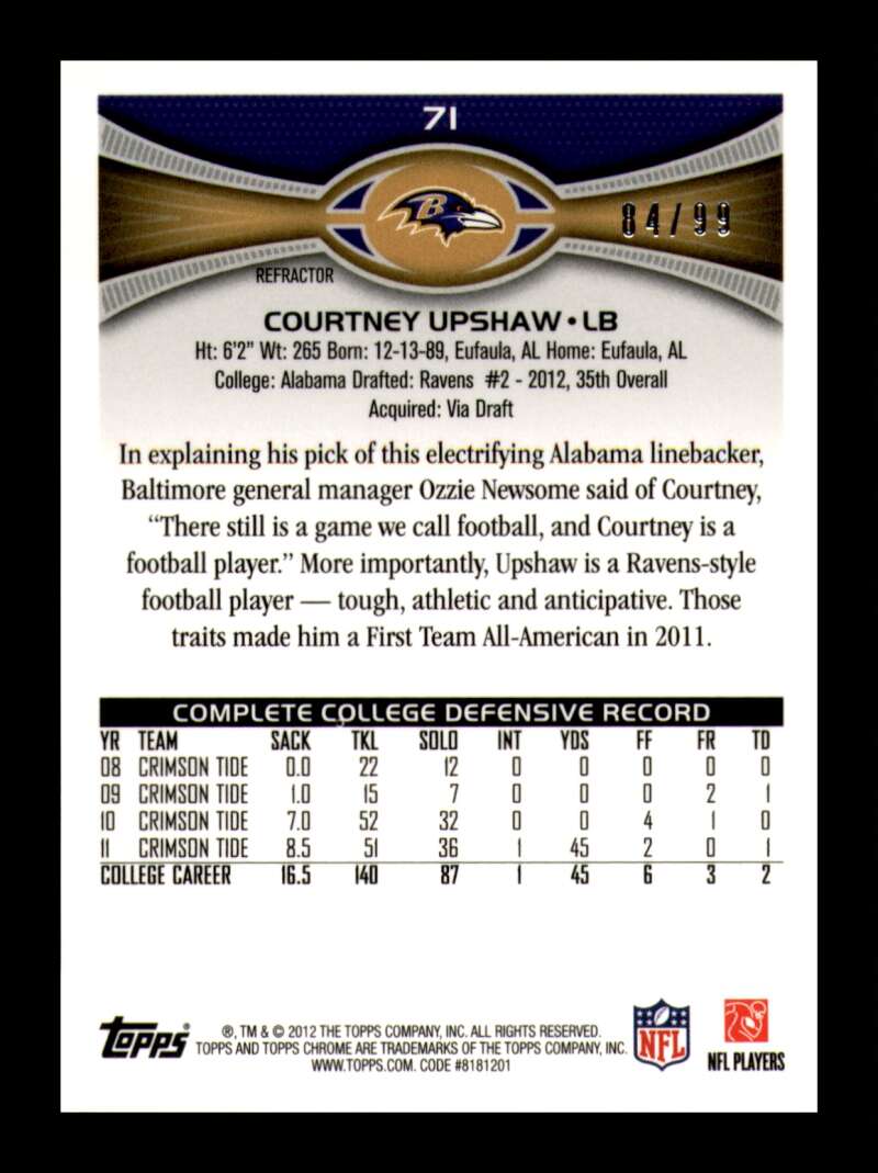 Load image into Gallery viewer, 2012 Topps Chrome Sepia Refractor Courtney Upshaw #71 Baltimore Ravens Rookie RC /99  Image 2
