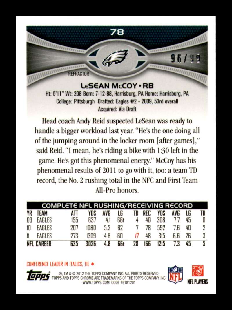 Load image into Gallery viewer, 2012 Topps Chrome Sepia Refractor LeSean McCoy #78 Philadelphia Eagles /99  Image 2
