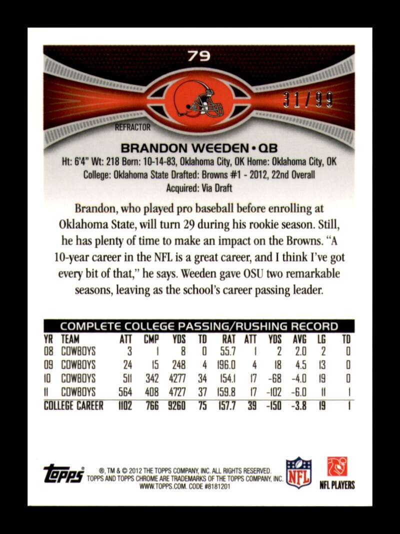 Load image into Gallery viewer, 2012 Topps Chrome Sepia Refractor Brandon Weeden #79 Cleveland Browns Rookie RC /99  Image 2
