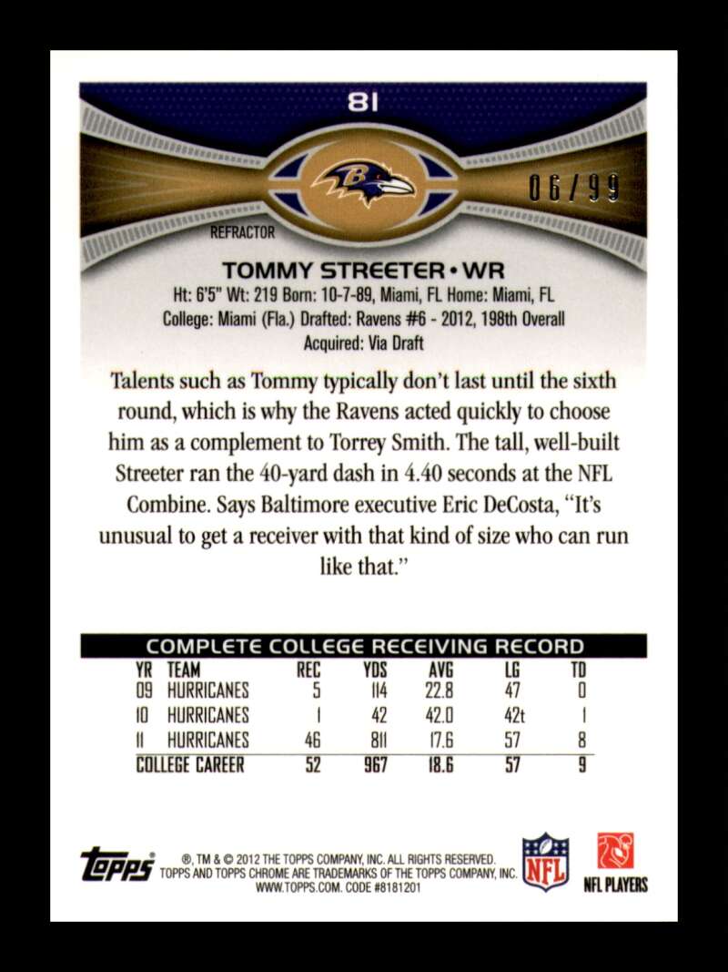 Load image into Gallery viewer, 2012 Topps Chrome Sepia Refractor Tommy Streeter #81 Baltimore Ravens Rookie RC /99  Image 2
