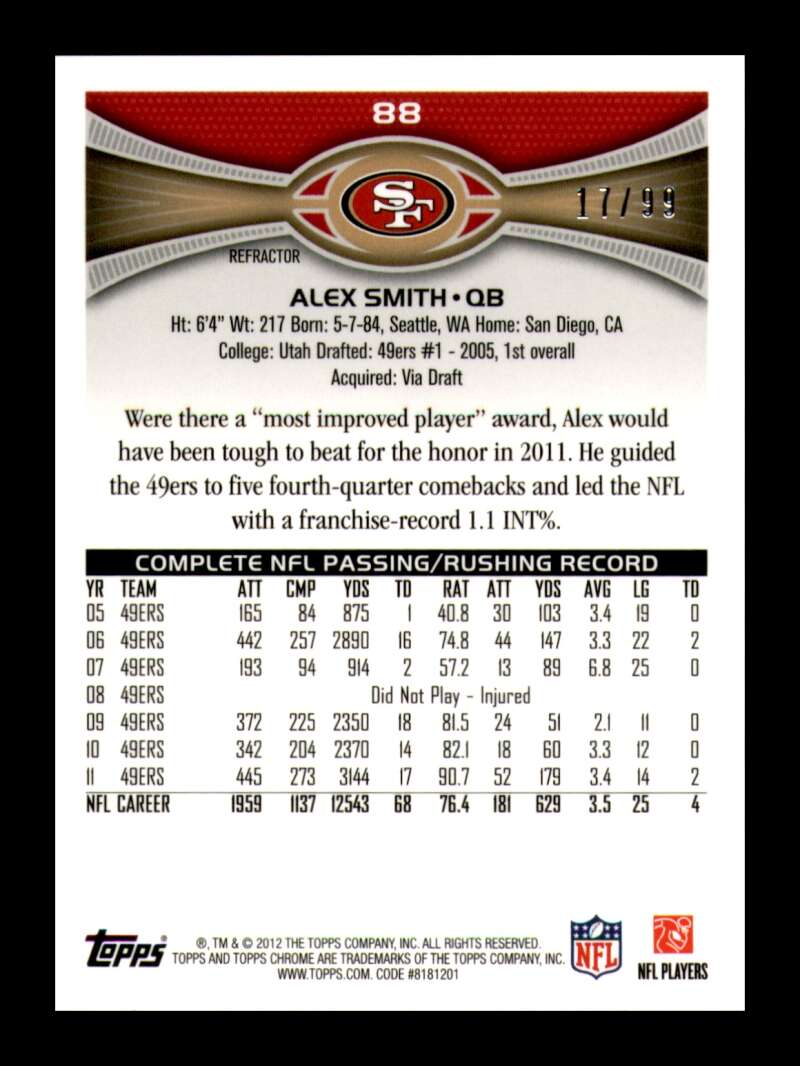 Load image into Gallery viewer, 2012 Topps Chrome Sepia Refractor Alex Smith #88 San Francisco 49ers /99  Image 2
