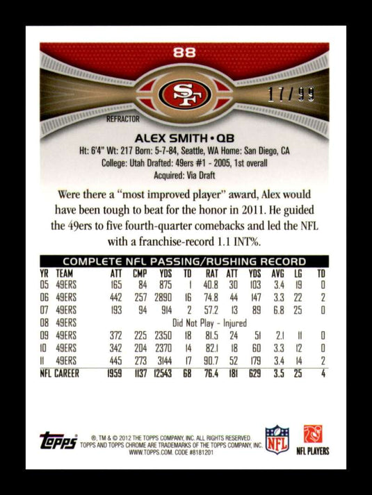 2012 Topps Chrome Sepia Refractor Alex Smith 