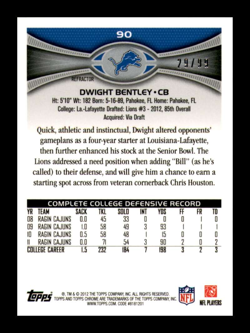 Load image into Gallery viewer, 2012 Topps Chrome Sepia Refractor Dwight Bentley #90 Detroit Lions Rookie RC /99  Image 2
