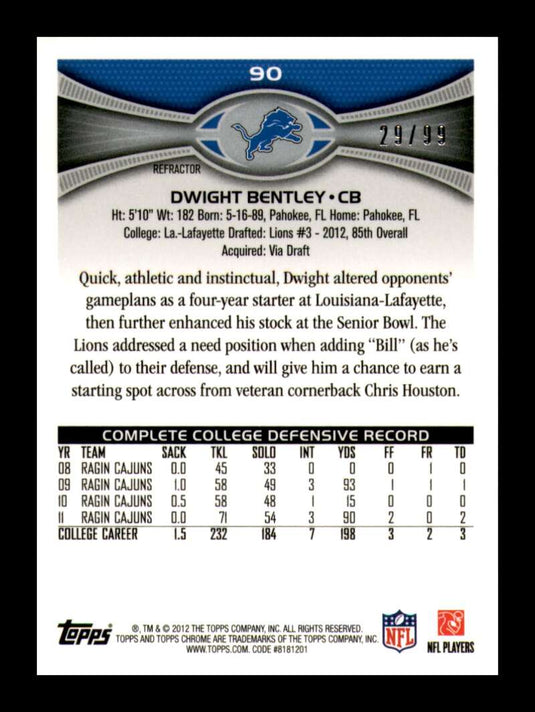 2012 Topps Chrome Sepia Refractor Dwight Bentley 